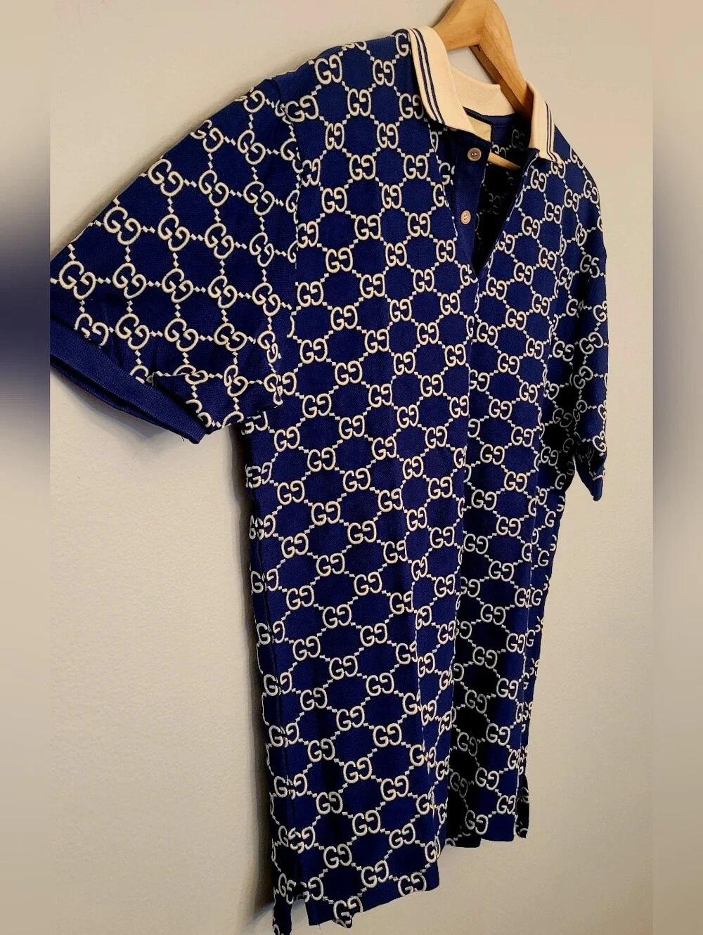 🇮🇹 Gucci Navy Blue GG 👕Jacquard Polo with Cream Collar🇮🇹